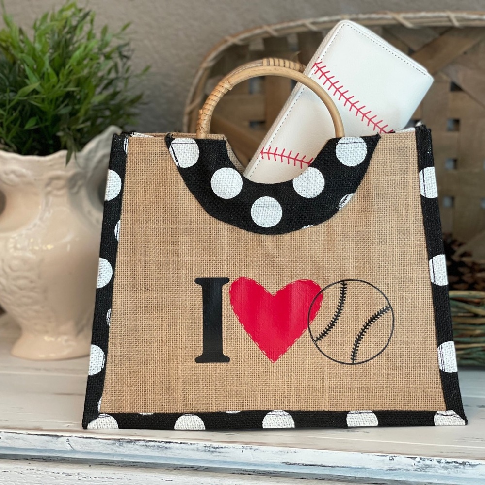New I Love Baseball Jute Handbag